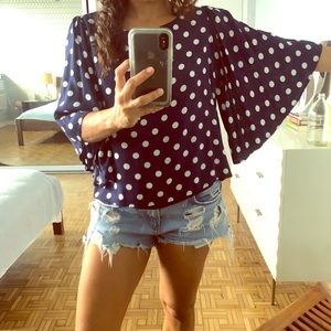Navy/ white Polka dot loose 3/4 flutter sleeve top